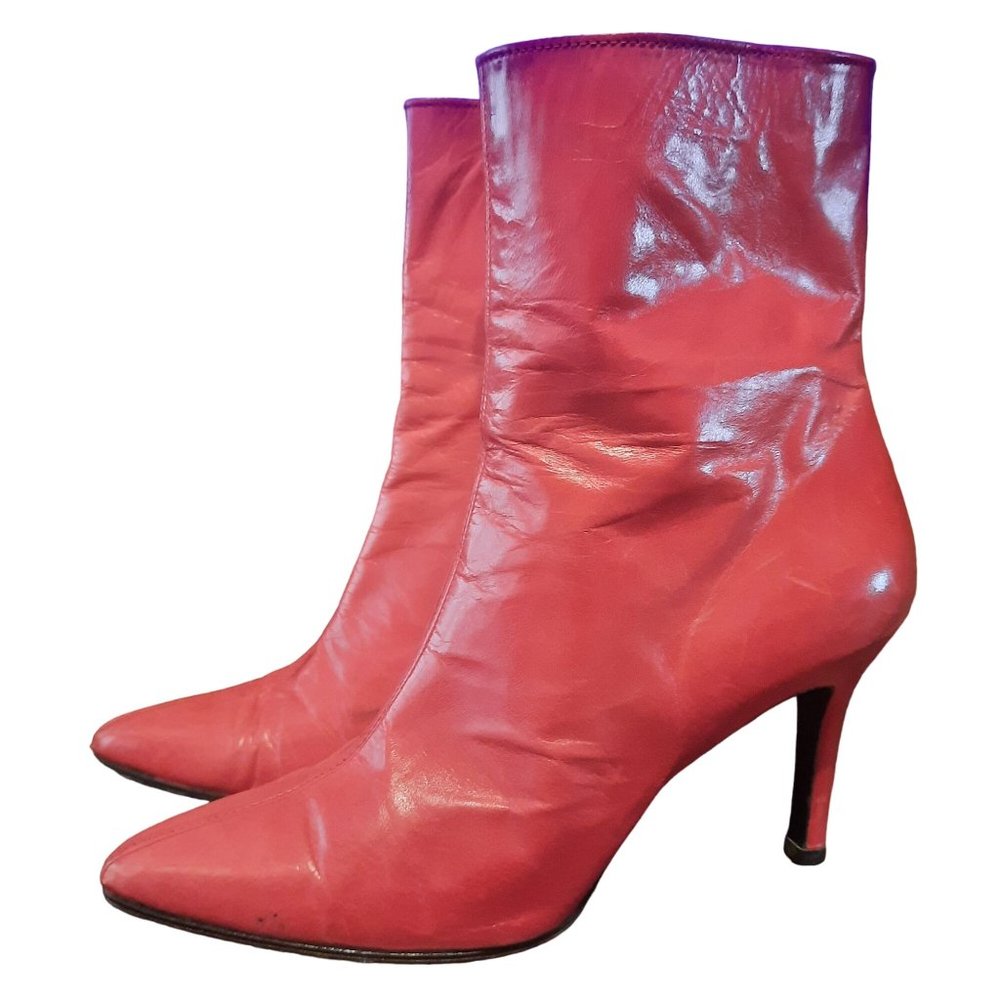 Stuart Weitzman Ankle Boots Red Leather Pointy Toe Back Zip